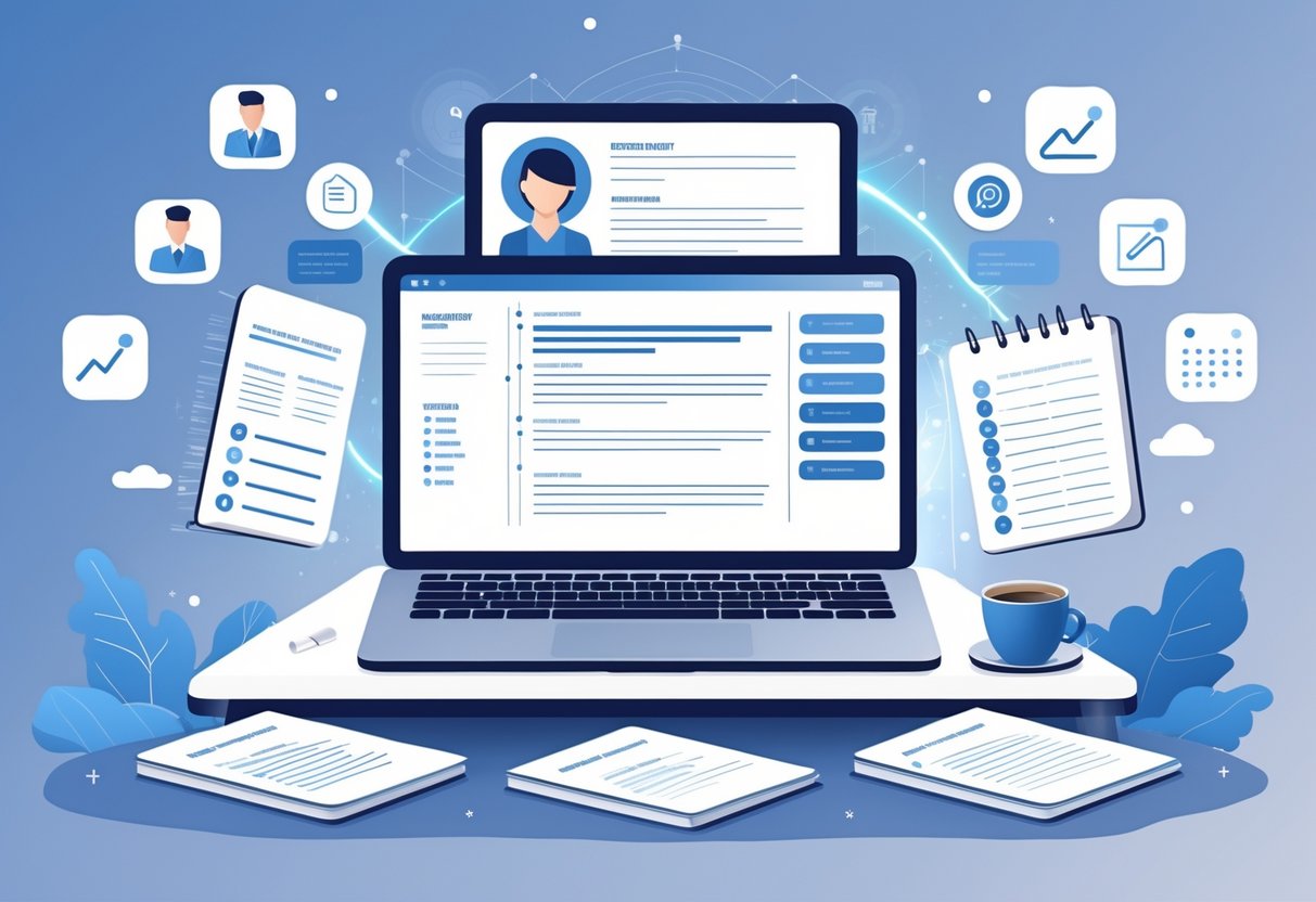 5 Resume Summary Examples & How-to Guide for 2025: Stand Out in the Modern Job Market 1 A modern workspace with a laptop, notebooks, and floating icons related to resume elements, suggesting career development and productivity.