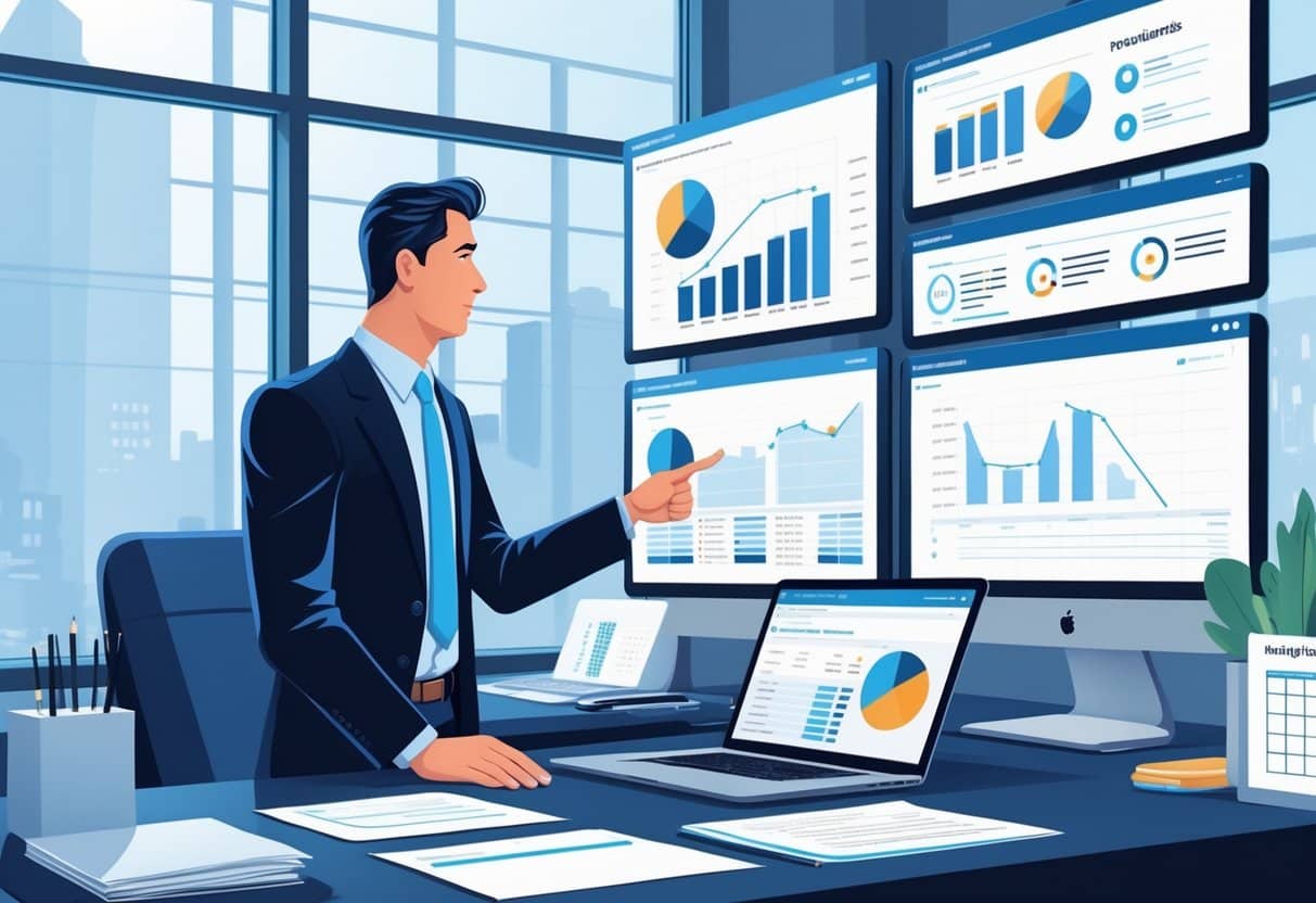 A project manager in business attire reviewing charts and project plans on multiple screens in a modern office with a city view.