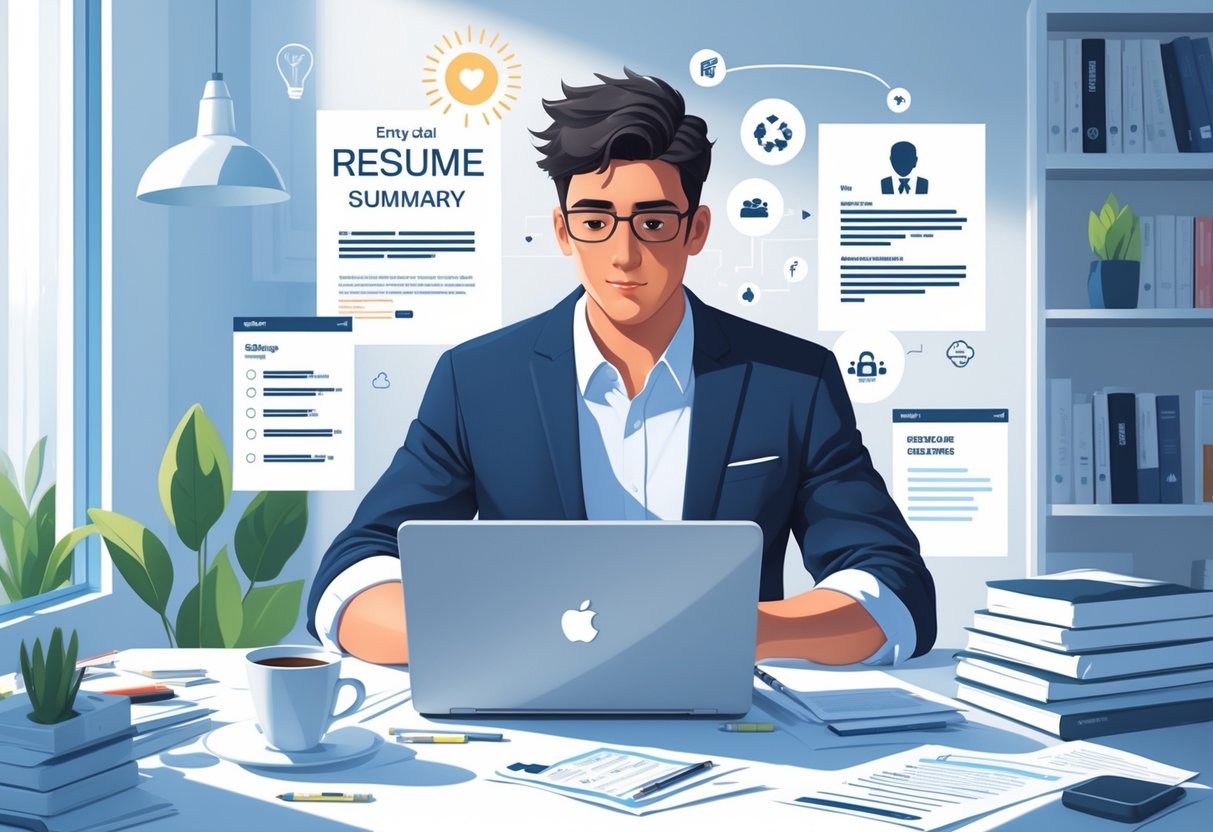 5 Resume Summary Examples & How-to Guide for 2025: Stand Out in the Modern Job Market 2 A young adult working on a laptop at a desk in a bright office, surrounded by papers and books, preparing a resume.