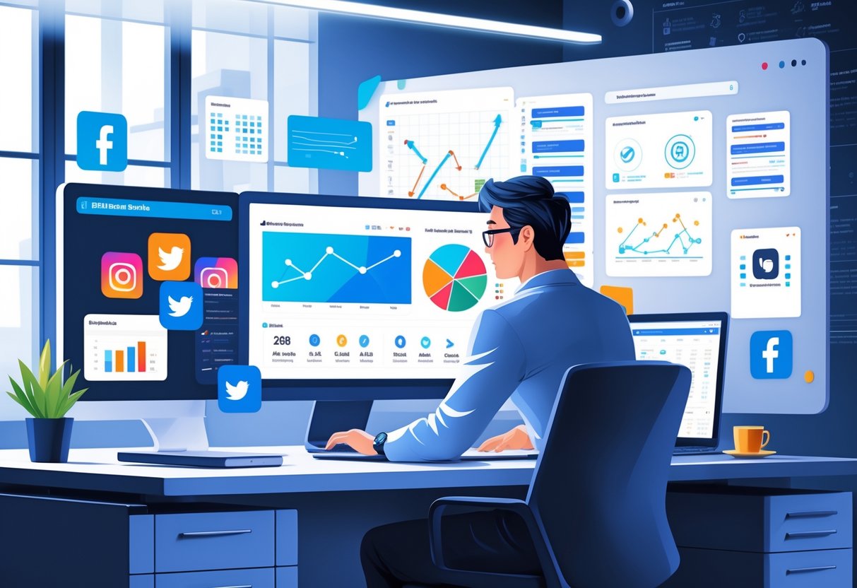 A person working at a desk with multiple screens showing social media data and charts in a modern office.