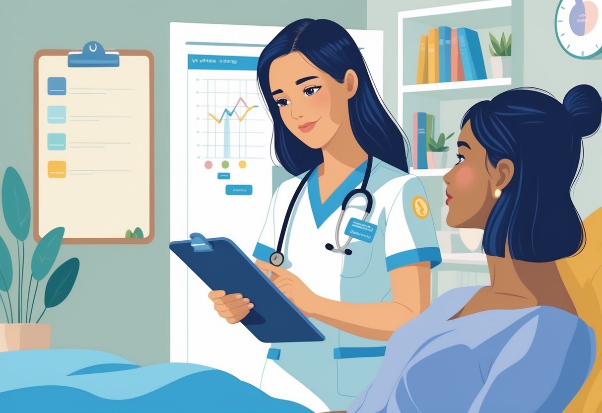 A nurse in a clinical room attentively talking to a patient with calm surroundings and medical equipment.