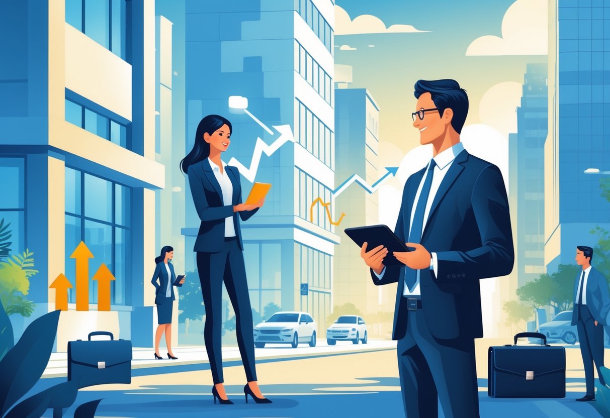 7 Outside Sales Resume Examples & Guide for 2025: Expert Tips for Modern Job Seekers 1 A confident businessperson outdoors in a city setting, holding a tablet and engaging with clients near office buildings.