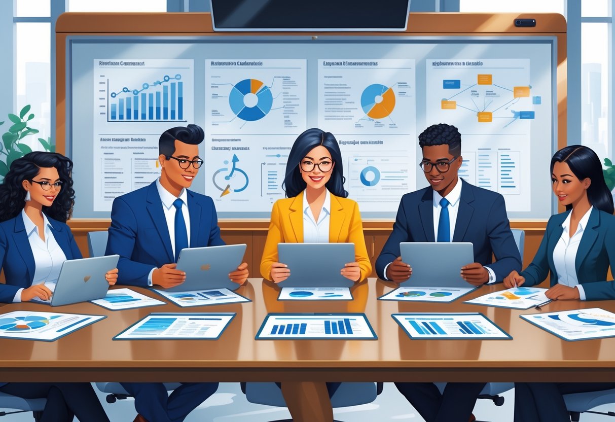 Five management consultants in business attire collaborating around a conference table with laptops and documents in a modern office.