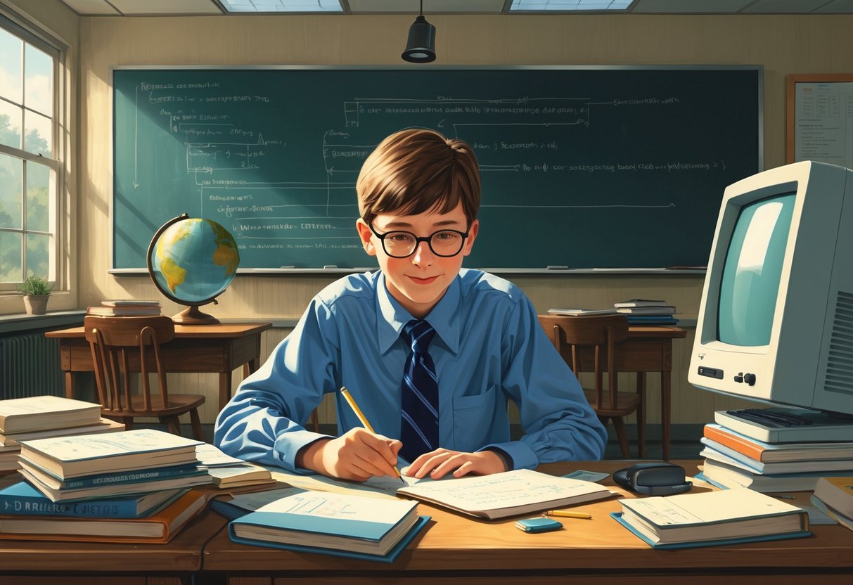 A young boy with glasses working at a desk in a classroom filled with books and early computer equipment.
