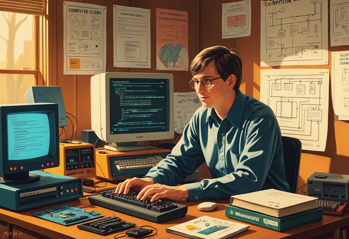 A young man working at a desk with early computer equipment and programming materials in a room filled with technology-related posters and diagrams.