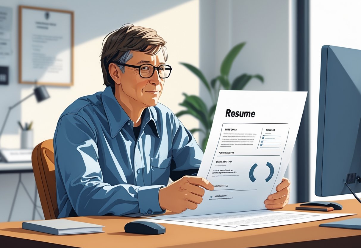 Young Bill Gates sitting at a desk reviewing a resume with icons indicating height and weight in a modern office setting.