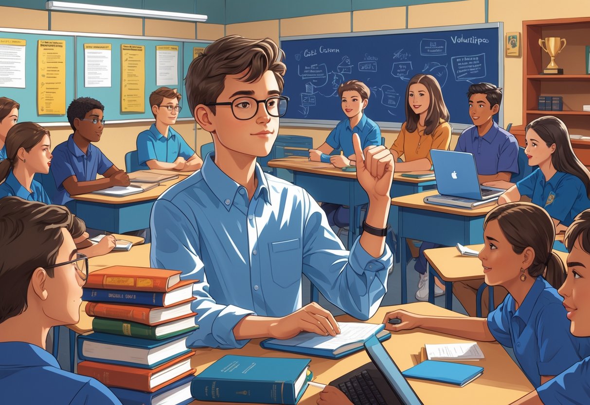 A young student leading a school meeting, presenting ideas, organizing group work, and guiding a volunteer event in a school setting.