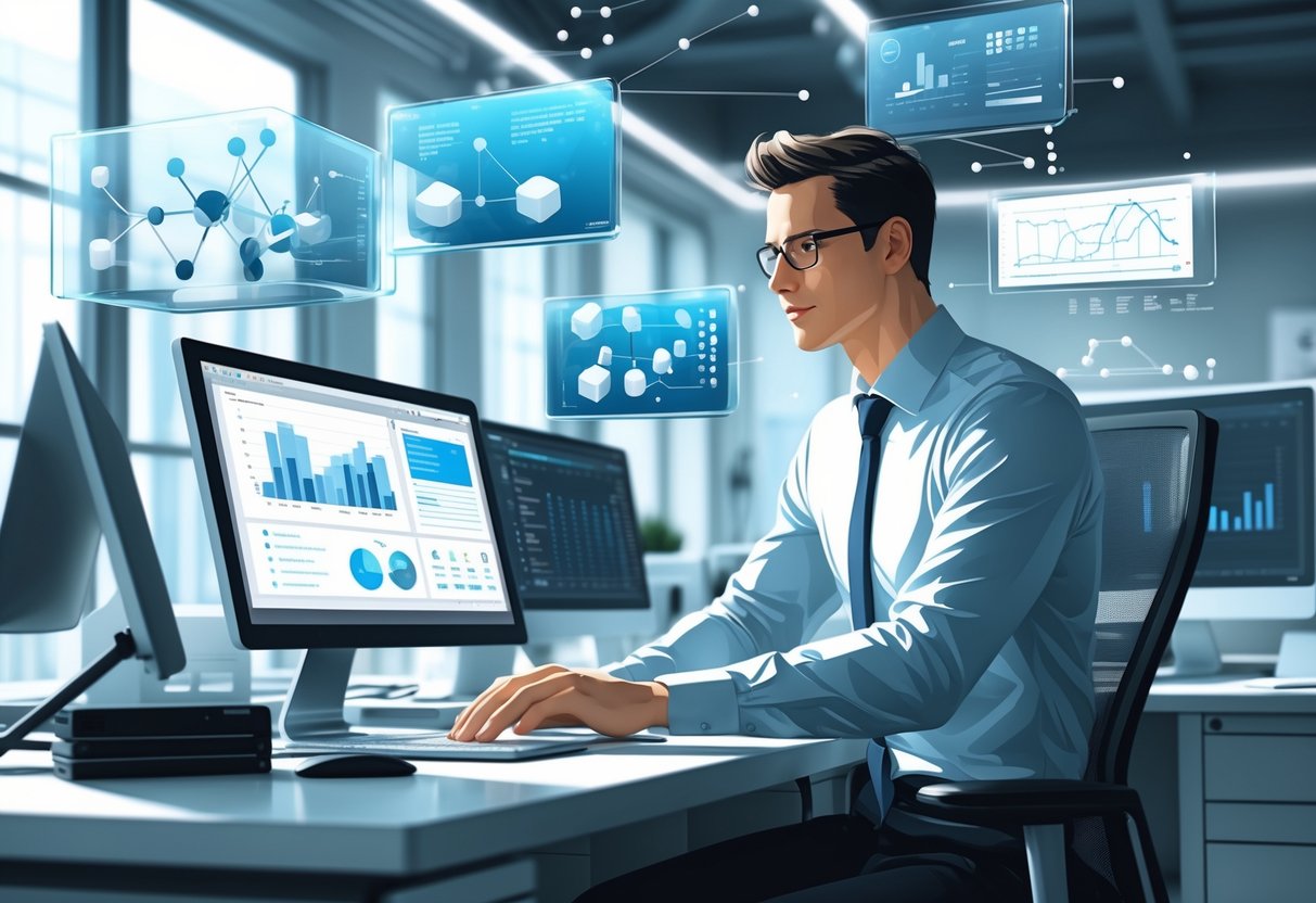 10 Database Manager Resume Examples & Guide for 2025: Proven Formats and Expert Tips 2 A database manager working at a modern workstation with floating digital screens displaying data visualizations and database schemas in a high-tech office.