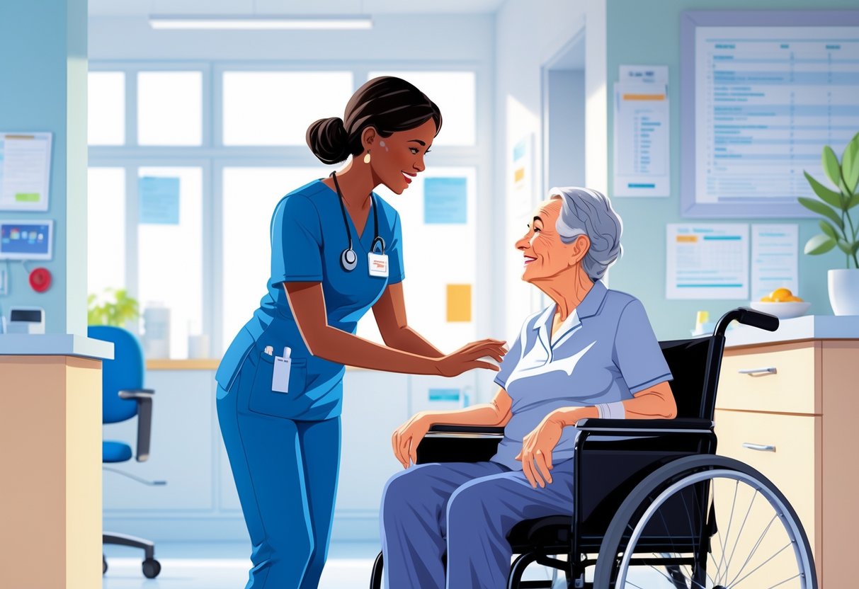 9 Nursing Assistant Resume Examples & Guide for 2025: Tips and Templates for Success 2 A nursing assistant in scrubs helping an elderly patient in a wheelchair inside a bright and clean healthcare facility.
