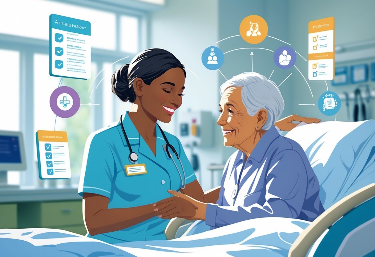 A nursing assistant helping an elderly patient in a hospital room with medical equipment and charts in the background.