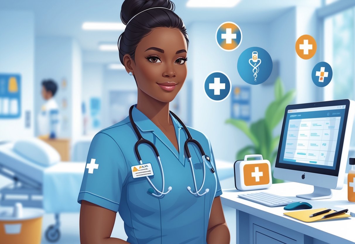 A nursing assistant in a healthcare setting wearing a uniform and stethoscope, surrounded by medical equipment and certification symbols.