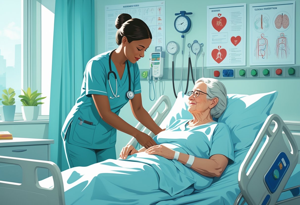 A nursing assistant in scrubs helping an elderly patient in a hospital room, with medical equipment and healthcare symbols in the background.