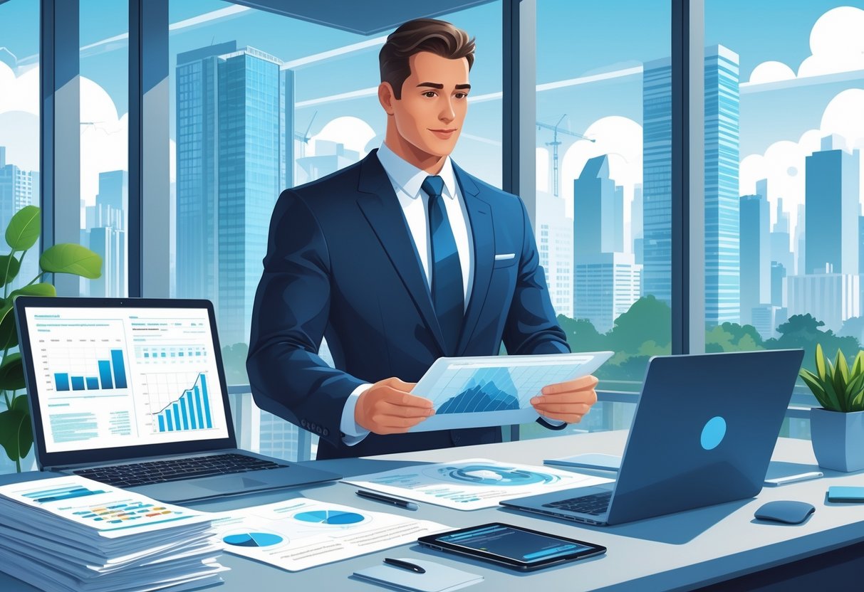 A bank manager in a business suit reviewing financial documents and charts in a modern office with a city skyline visible through the window.