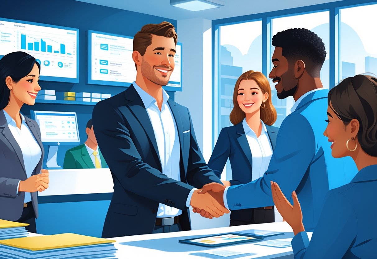 A bank manager warmly shaking hands with a customer in a modern bank office.