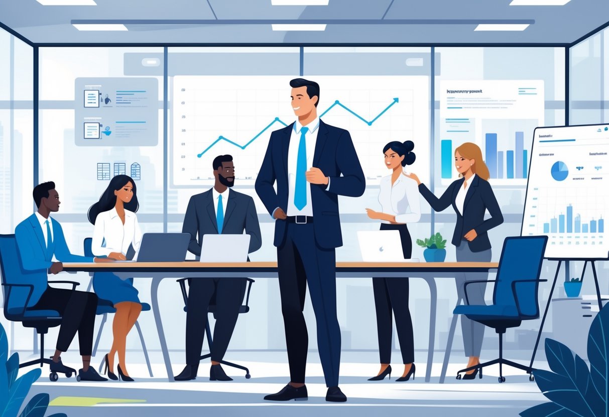 A bank manager leading a diverse team collaborating around a conference table in a modern office with city views and financial charts.