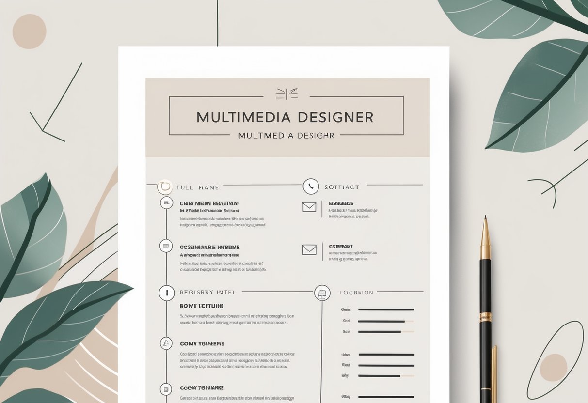 10 Multimedia Designer Resume Examples & Guide for 2025: Templates and Tips for a Standout Application 2 An illustration of a resume header section with space for a full name and contact details, featuring icons for phone, email, and location arranged neatly.