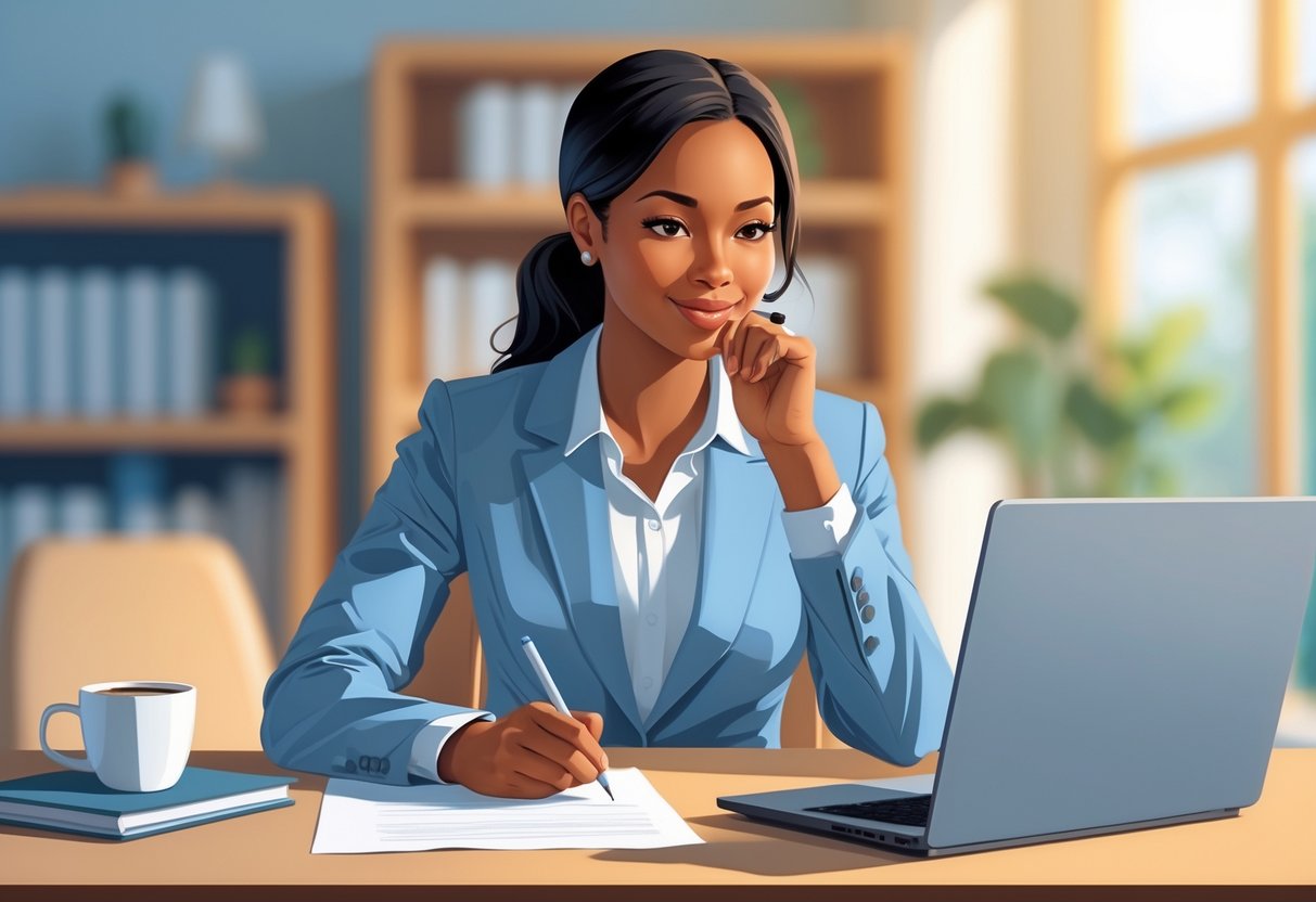 A person writing a cover letter at a desk in an office with a laptop, notebook, and coffee cup.