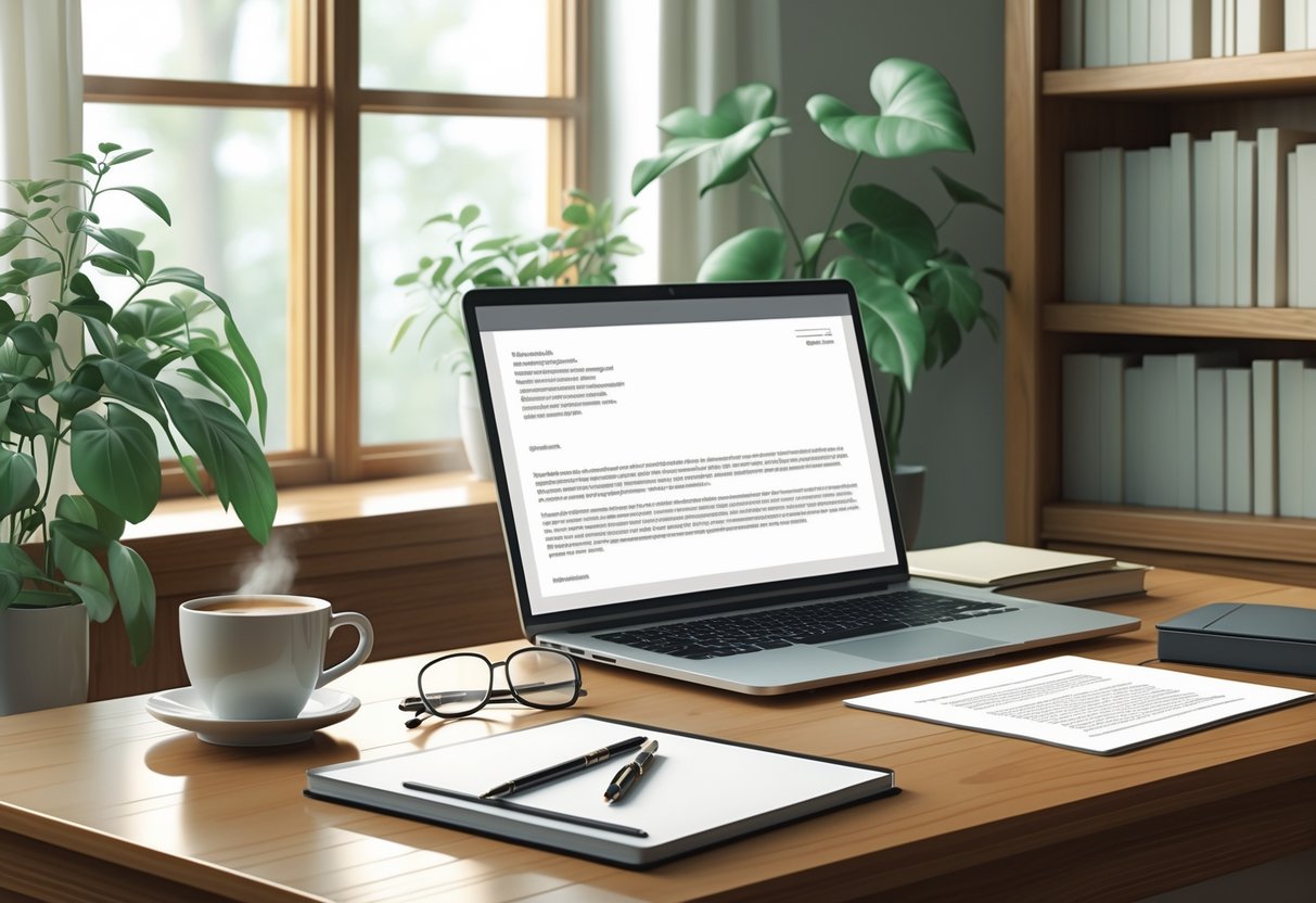 A tidy desk with a laptop, pen, notepad, coffee cup, and glasses near a window with books and a plant in the background.