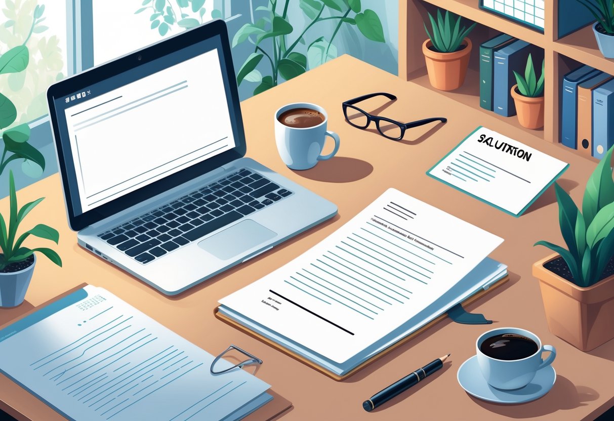A clean desk with a laptop, notebook, pen, coffee cup, and glasses in a softly lit office setting.