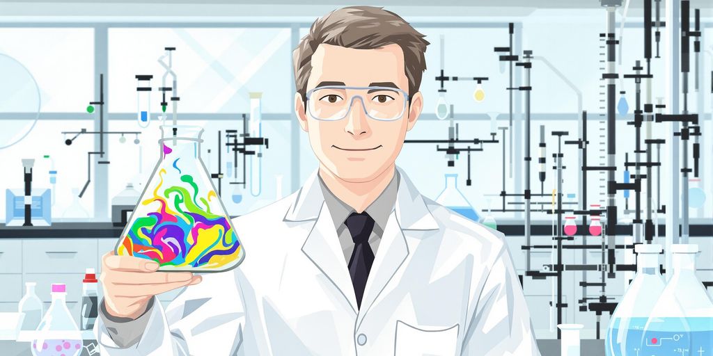 Scientist in lab coat, holding beaker.
