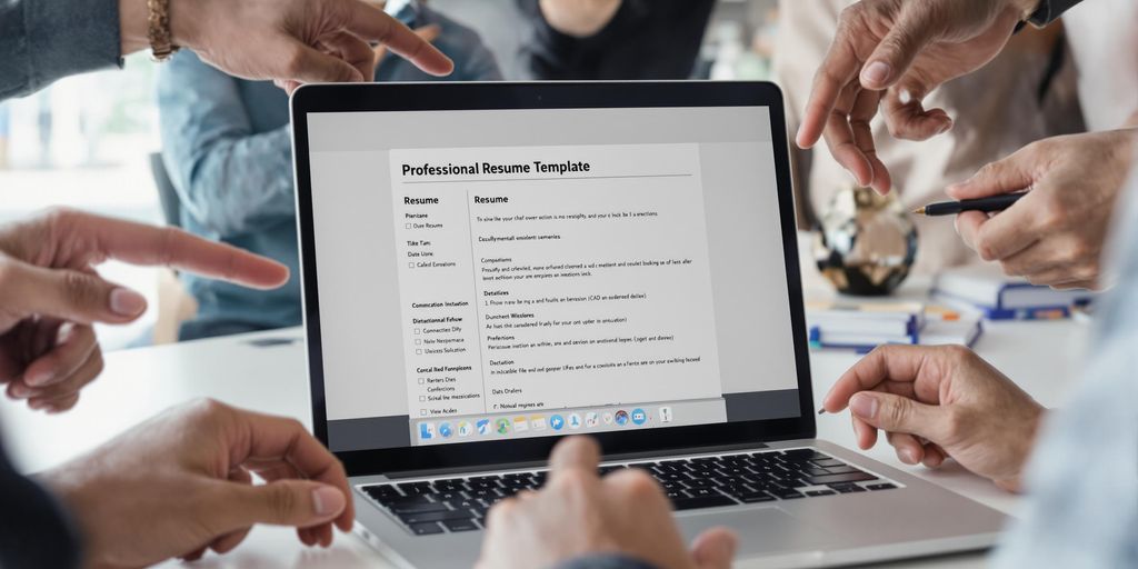 Laptop displaying resume, diverse hands reaching.