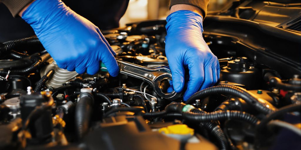 Mechanic working on car engine.
