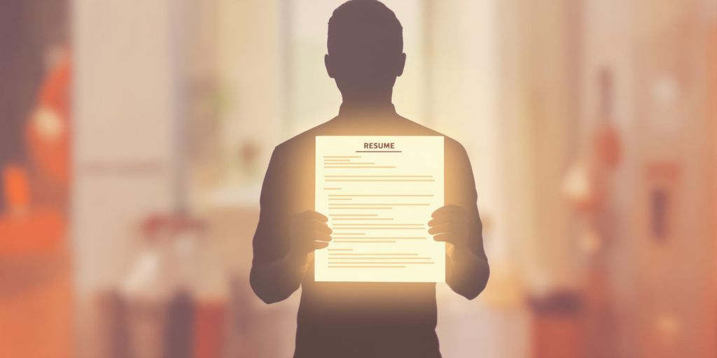 A person stands confidently, holding a glowing resume.