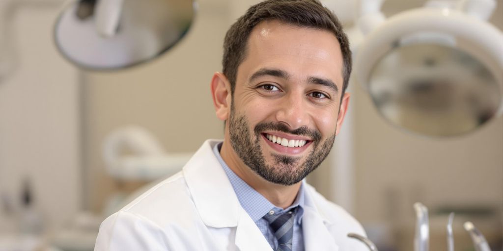 Dentist with bright smile, dental tools nearby.