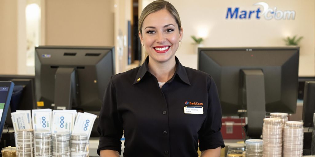 Bank teller smiling, handling money.