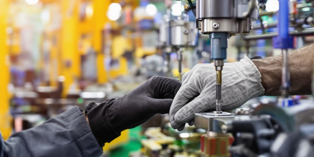 Factory worker inspecting machinery on production line.