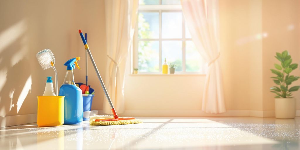 Cleaning tools and tidy home interior.
