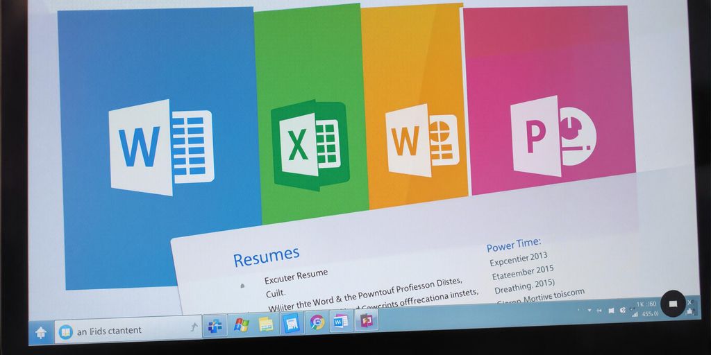 Laptop displaying Office applications with resume