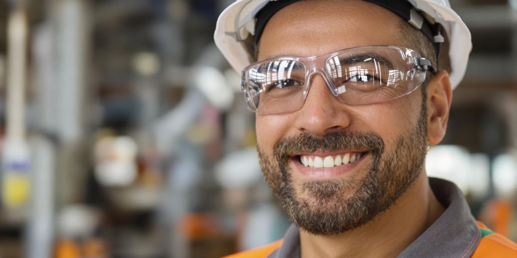 Factory worker with hard hat, safety glasses smiling