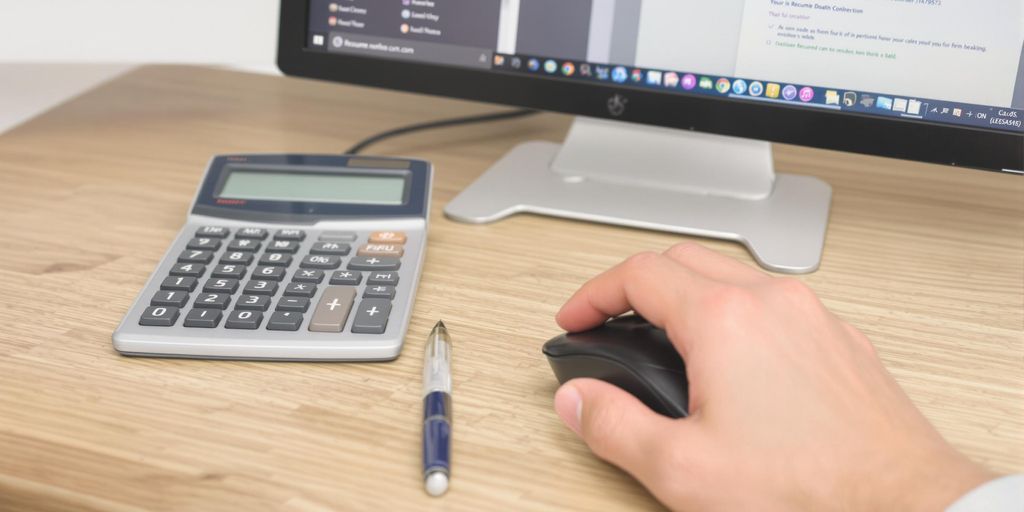 Laptop with resume document, calculator, and pen.