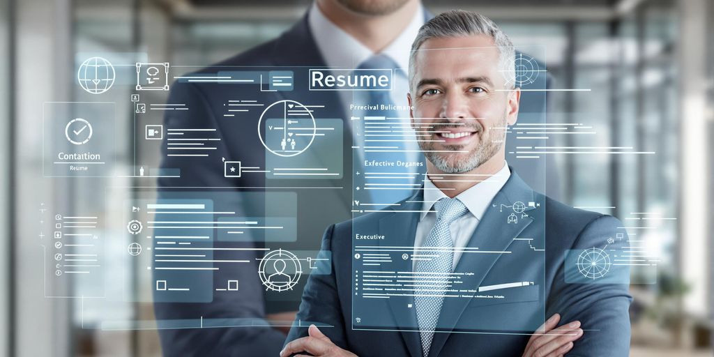 Executive in professional attire, digital resume overlay.
