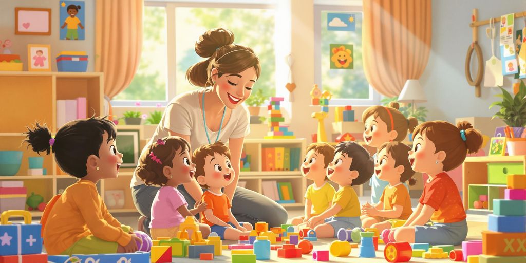 Day care teacher with smiling children
