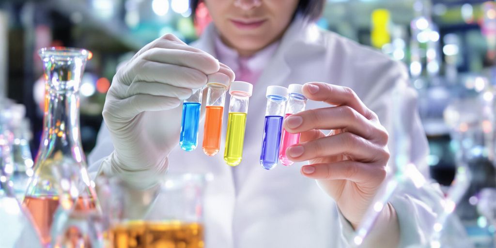 Scientist in lab coat examining colorful liquid vials.