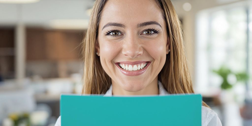 Person smiling, holding teal resume.
