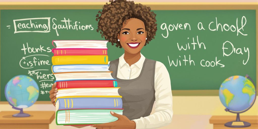 Teacher smiling, carrying books