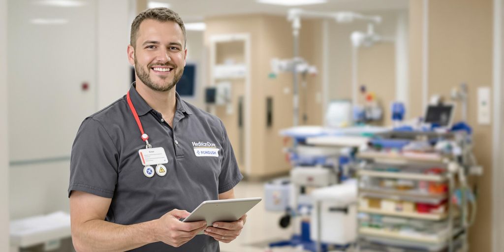 Medical device sales representative with tablet