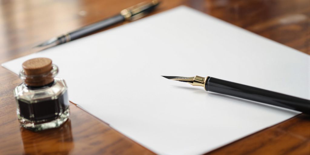 Elegant white paper, quill, and ink bottle.