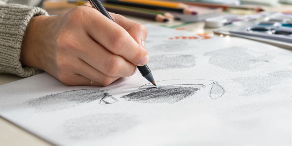 Artist's hands sketch on paper with pencils.