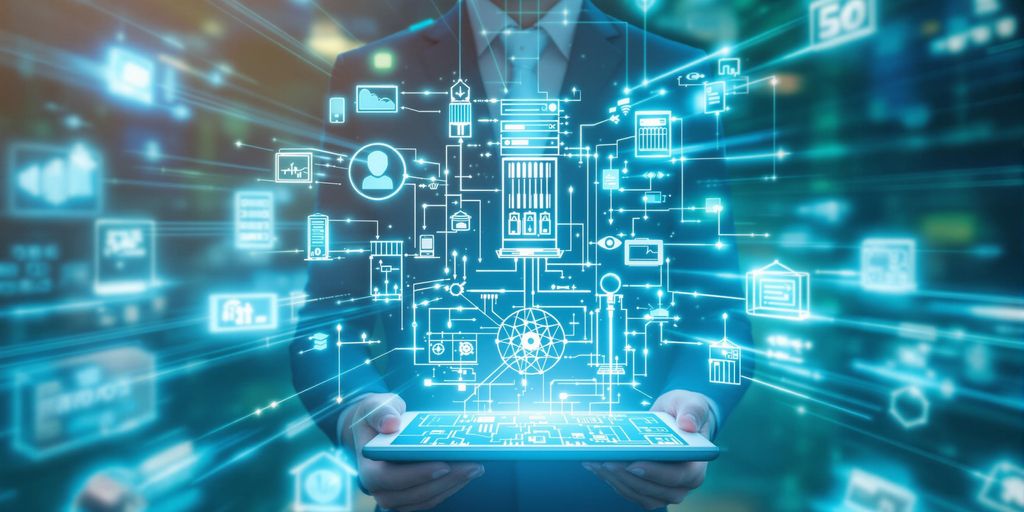 System administrator with glowing digital network.