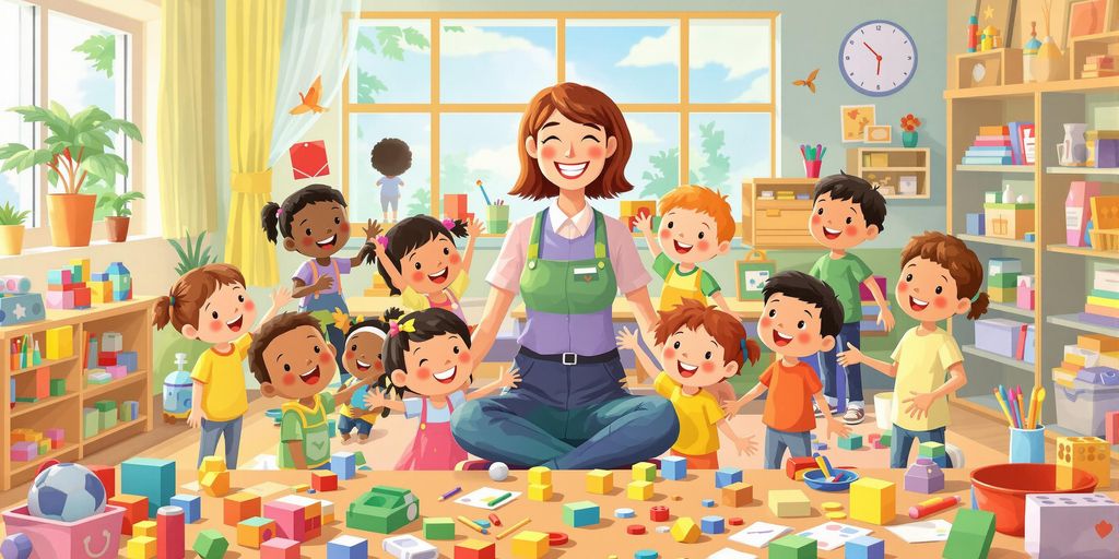 Teacher interacting with diverse children in a classroom.