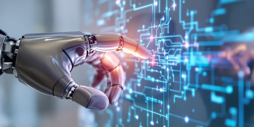 Robot hand, human hand, job application, glowing data.