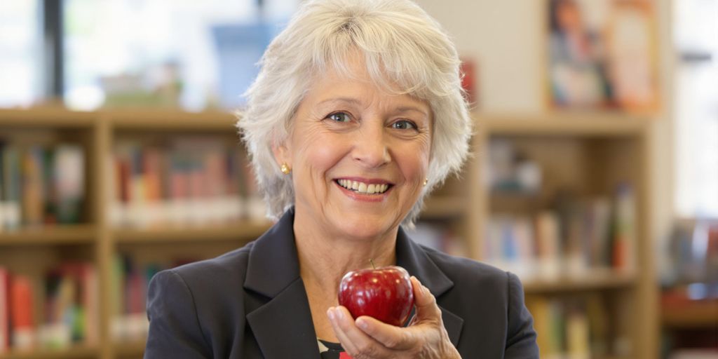 Retired teacher smiling, holding apple