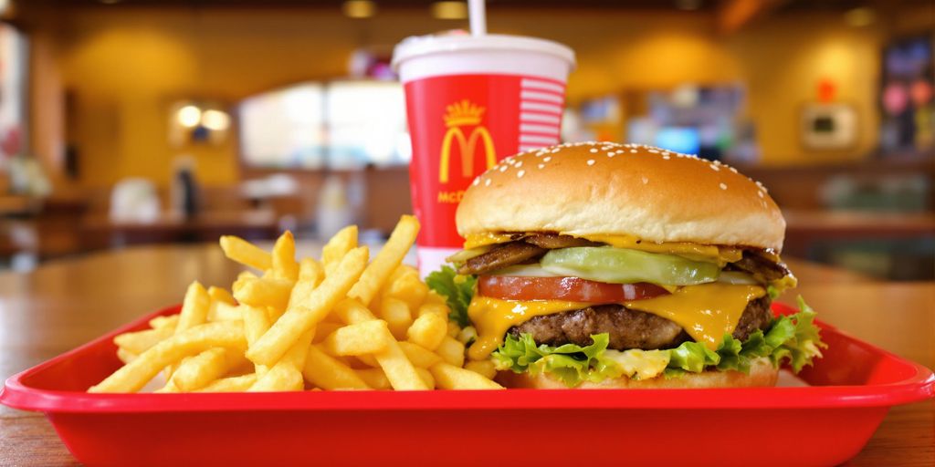 McDonald's food, golden arches, burger, fries, drink