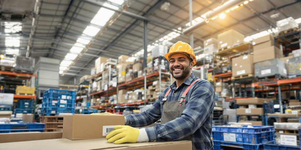 Warehouse worker organizing boxes, illustrative.