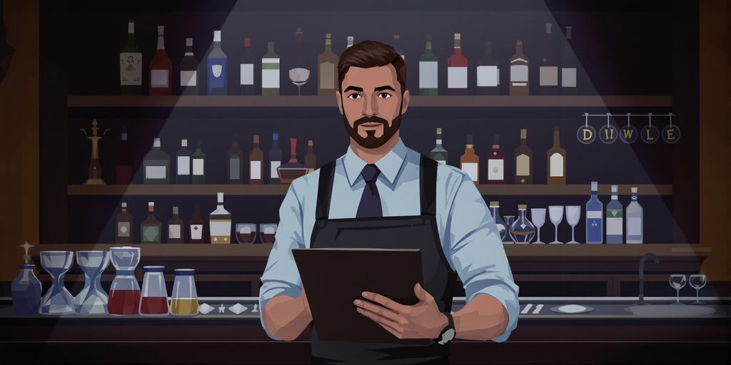 Bar manager with clipboard and various bottles