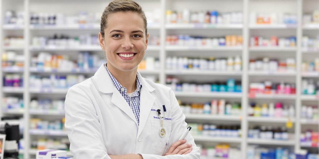 Pharmacist in white coat smiling, holding pen
